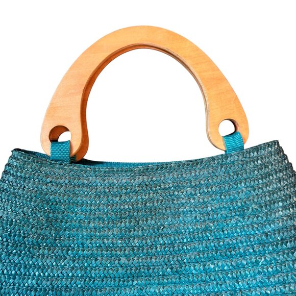 Vintage Jennifer Moore Turquoise Rattan Bamboo Shoots Wooden Handled Purse - Picture 2 of 7